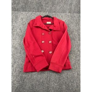 West Loop Pea Coat Jacket Womens Large Red Double Breasted Jersey Knit Casual L